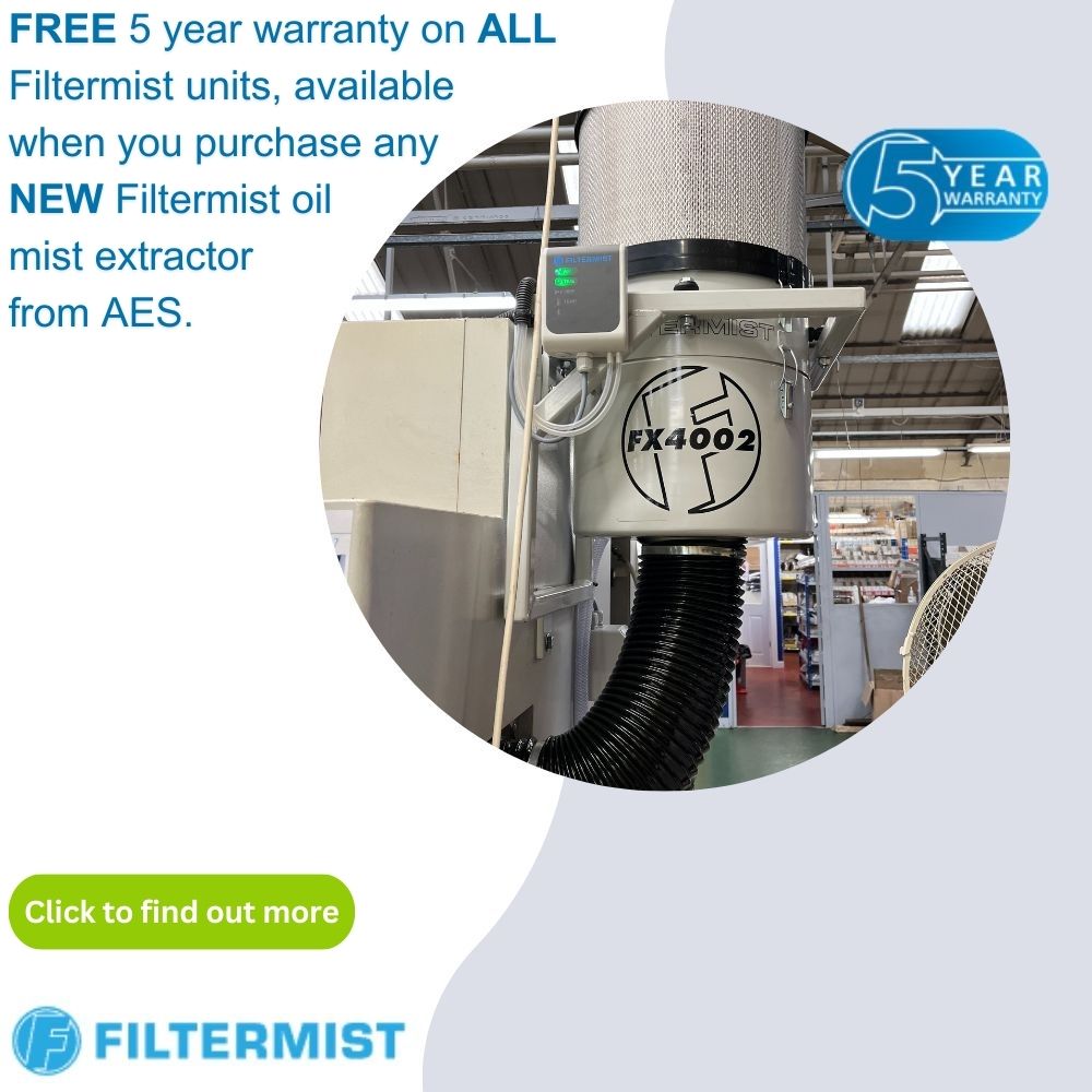 FREE 5 Year Warranty on ALL Filtermist units, avaialble when you purchase any NEW Filtermist oil mist extractor from AES.